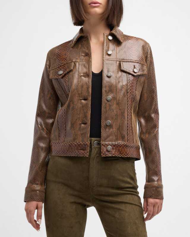 Anaconda-Print Leather Trucker Jacket
